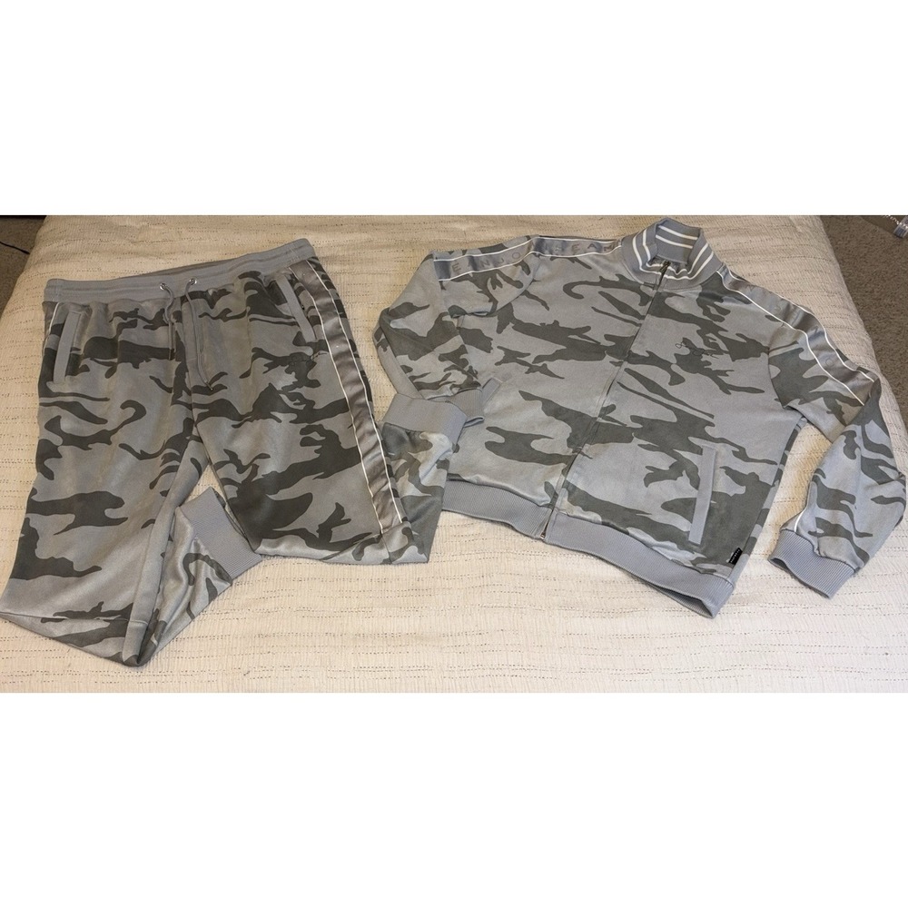 Sean John Men XL Gray Camo Track Suit Set Full Zip Jacket Jogger Shades Of Grey